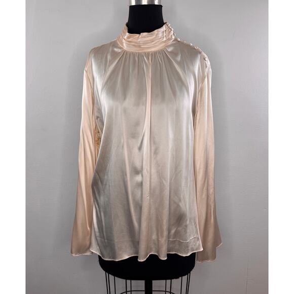 VINTAGE Fashion Instinct Beige Top Silk Stretch Pleated Turtleneck Flutter 1X - Picture 1 of 6